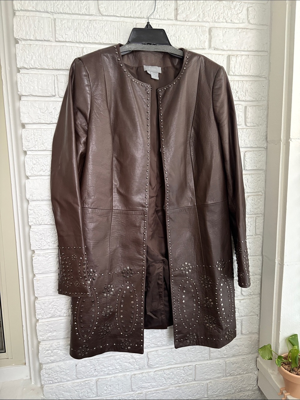 Studded Long Brown Leather Jacket by L'AGENCE